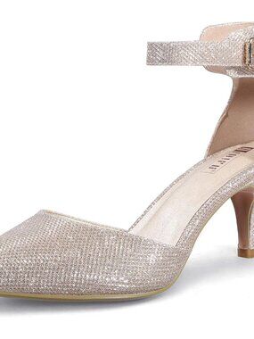 Women's Gold Dress Shoes Pointed Closed Toe Wedding Bride Ankle Strap Heels